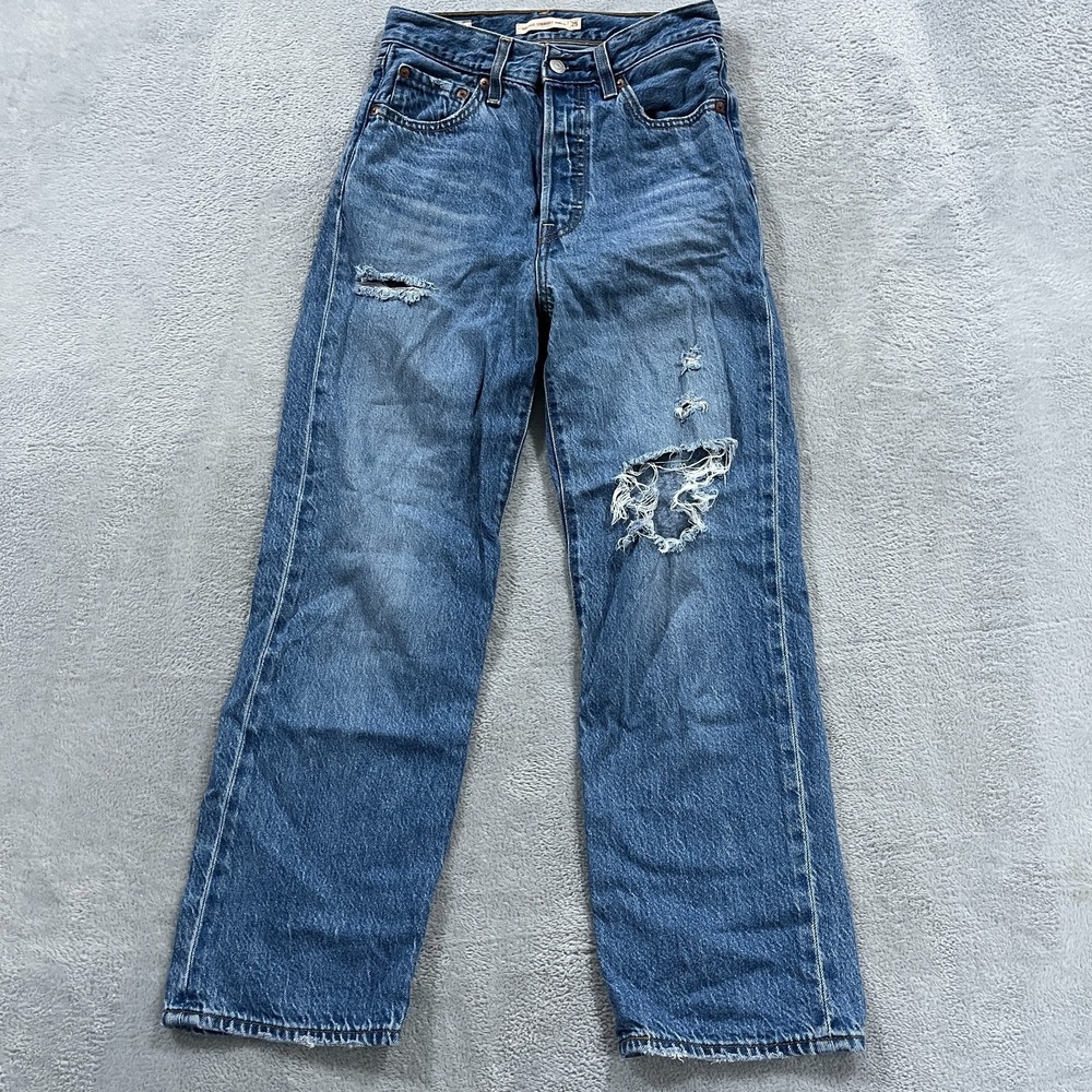 Levi's Premium Ribcage Straight Ankle Blue Jeans Button Fly Big E Med Wash 25x27